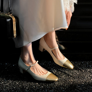 小香风拼色真皮玛丽珍鞋女法式复古中粗跟一字扣带单鞋圆头高跟鞋