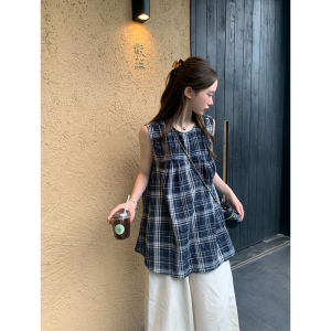 日系甜美设计感小众格子衬衫女2024夏季新款宽松无袖娃娃衫上衣