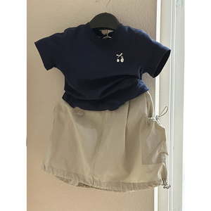 韩国童装儿童套装夏季2024新款女童樱桃刺绣短袖t恤工装风半身裙