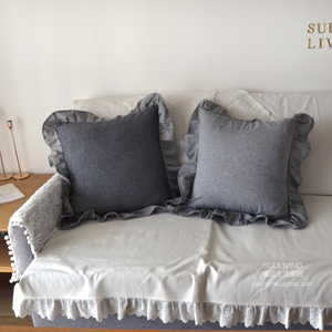 韩式欧式浅灰色荷叶边棉麻沙发抱枕套靠包套靠垫套装饰布艺定制