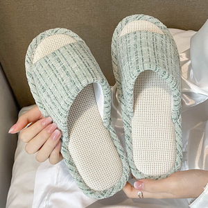 春夏小香风格纹棉麻布艺家居凉拖鞋四季亚麻居家防滑室内家用鞋女