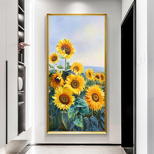 手绘油画向日葵玄关装饰画轻奢美式走廊过道壁画竖版挂画花卉定制