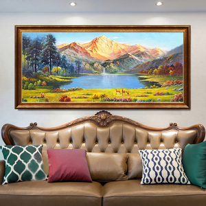 欧式山水装饰画客厅美式沙发背景墙挂画横款壁画风景手绘油画金山