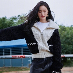 杨幂同款毛衣女明星衣服短款冬加厚拼接羊羔毛小香风开衫针织外套