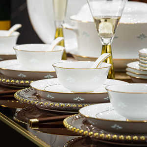 中式轻奢青瓷玲珑餐具套装碗盘家用釉下彩高档金边碗碟盘组合送礼