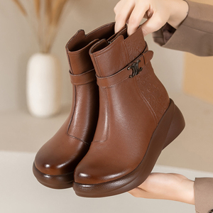 真羊毛全牛皮皮鞋女平底舒适短靴冬季加绒棉鞋松糕跟厚底中筒靴子