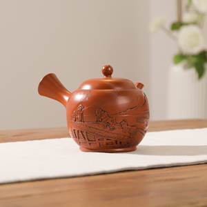 常滑烧侧把急须以故名家久田阳山纯手工雕刻东海道五十三次茶壶陶