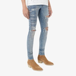 代购amiri潮牌蓝色破坏双膝破洞修身高街小脚休闲slp牛仔裤子男潮