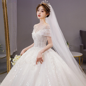 法式婚纱2024新款新娘结婚主纱一字肩出门纱气质重工奢华高级质感