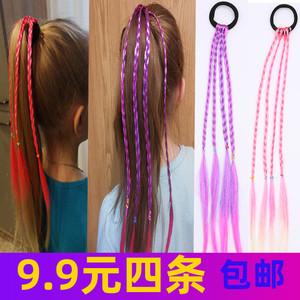 儿童假发彩色接发条渐变手工辫假发舞蹈表演出假发马尾彩色小辫子