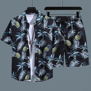 夏威夷沙滩衬衫套装男士宽松短袖泰国潮牌海南旅游冰丝半袖花衬衣