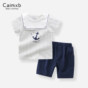 Caimxb男宝夏季套装宝宝周岁生日婴儿海军风洋气衣服男童纯棉夏装