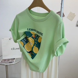 2022年夏季新款韩版简约柠檬汽水印花宽松圆领短袖T恤女绿色上衣