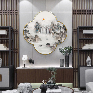 楼台山水花形新中式玄关装饰画沙发墙书房茶室四叶草挂画流水生财