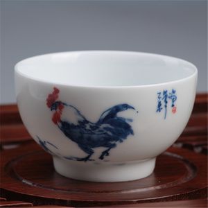 鸡缸杯碗手绘青花公鸡茶杯茶碗主人个人杯景德镇品杯茗陶坊公鸡杯