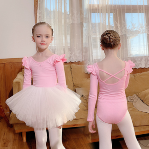 儿童舞蹈服女童练功服秋冬长袖幼儿考级中国连体开档粉色练舞衣服
