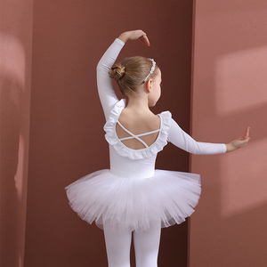 儿童舞蹈服春秋白色纯棉女童练功服考级连体艺考中国舞芭蕾舞纱裙
