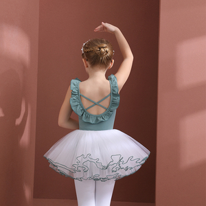 儿童舞蹈服纯棉夏季女童练功服幼儿芭蕾舞裙绿色小女孩跳舞衣新款