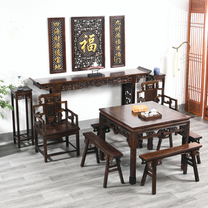 中式中堂六件套农村堂屋供桌八仙桌组合榆木翘头条几香案供桌神台