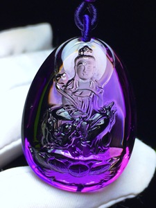 天然巴西紫水晶文殊菩萨吊坠原石大师精雕男女款紫色属兔子本命佛