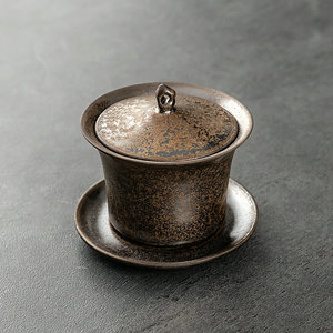 日式盖碗茶杯单个大号泡茶碗铁锈秞三才杯手工陶瓷茶具复古敬茶碗