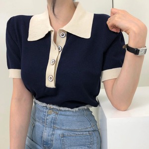 韩国chic夏季新款拼色修身纽扣Polo领针织衫短袖上衣打底T恤女