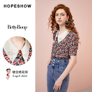 短袖碎花雪纺衬衫夏秋新女装贝蒂印花泡泡袖绣花翻领上衣