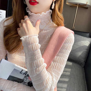 网纱上衣女高领蕾丝打底衫加绒秋冬长袖神仙新款搭配毛衣内搭纱衣