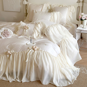 仙女公主风100支长绒棉四件套法式蕾丝花边玫瑰被套全棉床上用品