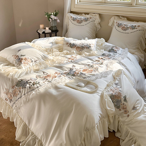 浪漫法式100S长绒棉四件套花卉刺绣荷叶边被套全棉公主风床上用品
