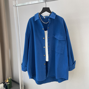 外搭宽松纯棉衬衫女式中长款2022新款厚实单排扣长袖蓝色衬衣外套