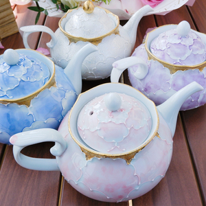 日本进口有田烧文山窑手绘金边牡丹陶瓷小茶壶茶具中式茶壶礼盒
