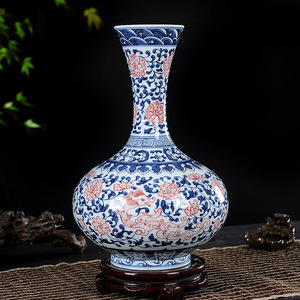 景德镇陶瓷器花瓶青花瓷釉里红花瓶 手绘仿古瓷现代中式家具摆件