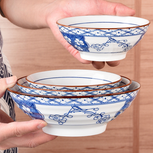 日式浅口碗套装景德镇青花瓷大小碗家用陶瓷米饭碗吃面碗5-10个装