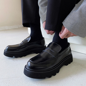 乐福鞋男夏季真皮亮皮透气休闲鞋韩版休闲一脚蹬厚底内增高皮鞋男