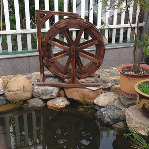 防腐木制假山鱼池大小型水车庭院流水碳化风水轮庭院木风车摆件