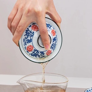 青花釉里红缠枝莲三才盖碗茶具泡茶碗套装陶瓷白瓷功夫三才碗单个