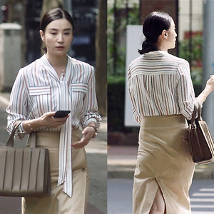 小舍得宋佳同款衣服女长飘带白色条纹衬衫春夏宽松设计感高级上衣