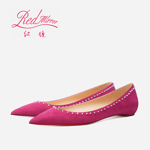 红镜2024新款法式粉色铆钉浅口内增高尖头平底鞋单鞋女气质真皮