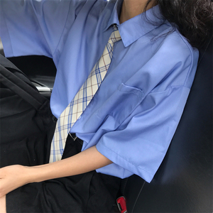 2024韩版小方领学院风蓝色短袖宽松显瘦衬衫上衣学生夏装女+领带