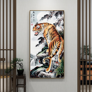 挂画办公室中式玄关猛虎下山画镇宅风水卧虎客厅背景墙装饰画0人付款