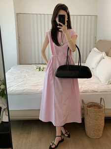 韩国小个子粉色无袖背心连衣裙女2024夏季海边度假显瘦气质长裙子