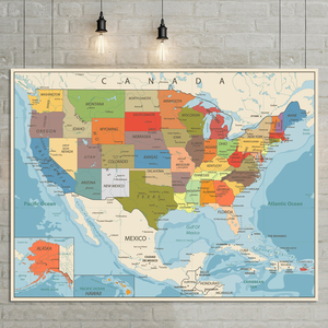 复古美国地图英文版客厅办公室挂画墙画壁画防水油画布地图装饰画