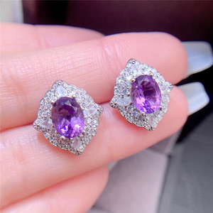 正品新款天然紫水晶耳钉女925银豪华镶嵌紫色宝石耳环优雅显气质