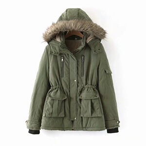 韩版外贸原单女装折扣清仓处理毛领连帽毛毛内里保暖工装棉衣外套
