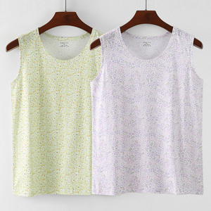女纯棉印花背心妈妈宽肩无袖汗衫老人夏季宽松奶奶背心中老年打底