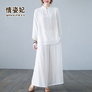 佛系衣服复古唐装中国风禅意女装棉麻茶服禅修服打坐居士服两件套