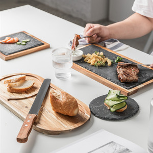 北欧实木披萨托盘创意黑色石板牛排盘相思木包板西餐日式料理摆盘