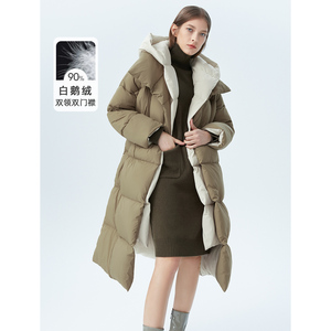 朗姿高端白鹅绒中长款高级感设计感保暖外套女冬新款假两件羽绒服