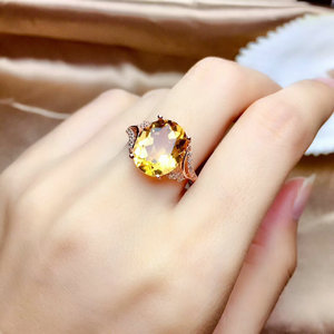 天然黄水晶戒指女S925纯银时尚个性高级感宝石开口指环简约带证书